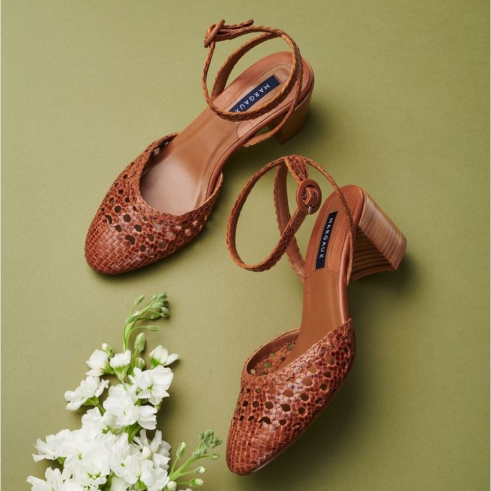 Margaux Brown Woven Leather Block Heel Sandals